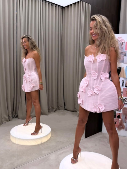 Strapless 3D Floral Corset Mini Dress