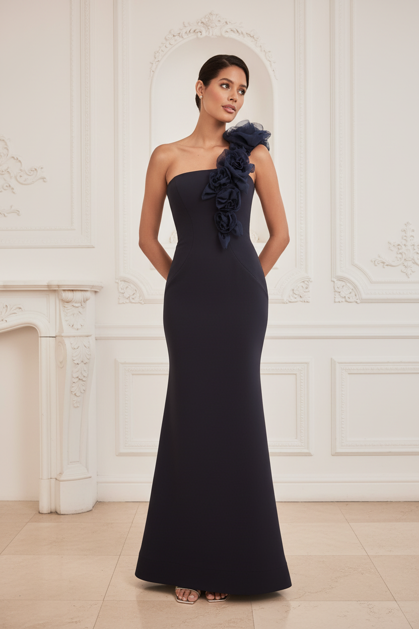 One-Shoulder Floral Column Gown