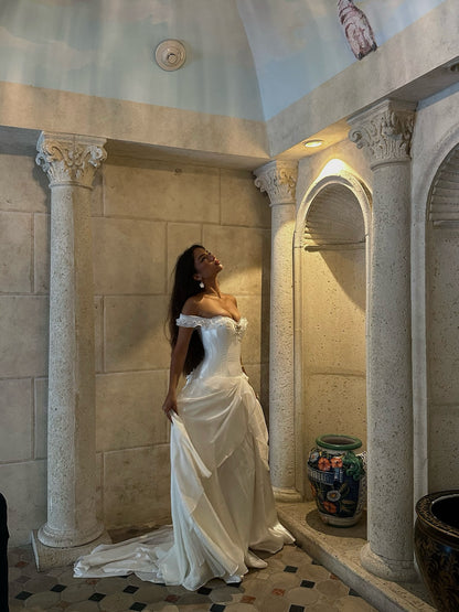 Off-the-Shoulder Corset Wedding Dress with Pick-Up Skirt