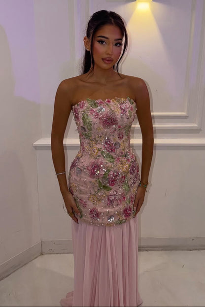 Strapless Floral Beaded Gown with Pleated Skirt