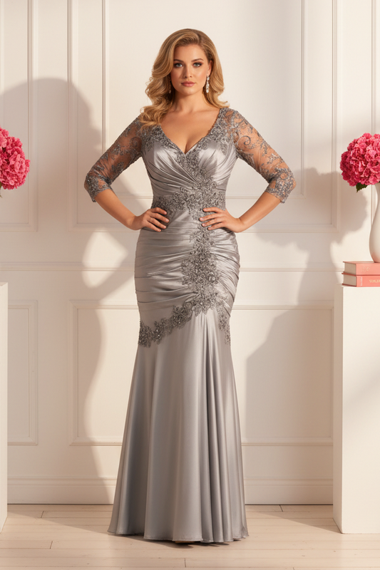 Illusion Lace Sleeve Ruched Mermaid Evening Gown