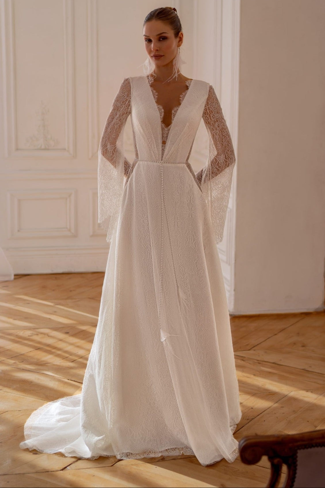 Deep V Lace Bell Sleeve Wedding Dress