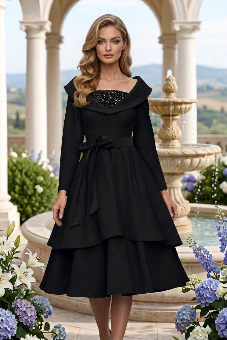 Foldover Collar Tiered Midi A-Line Dress