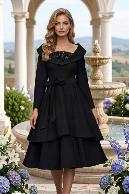 Foldover Collar Tiered Midi A-Line Dress