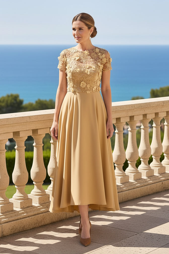 3D Floral Lace High-Low Tea-Length Formal Dress