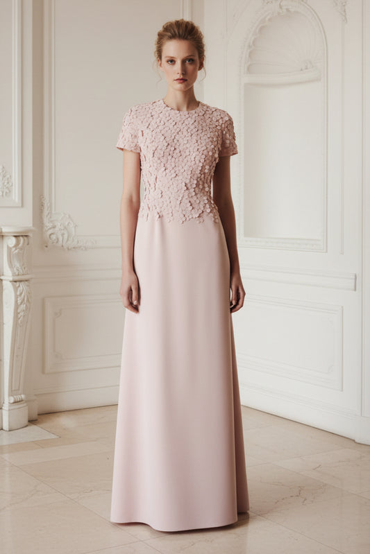 3D Floral Applique Short Sleeve Crepe Column Gown