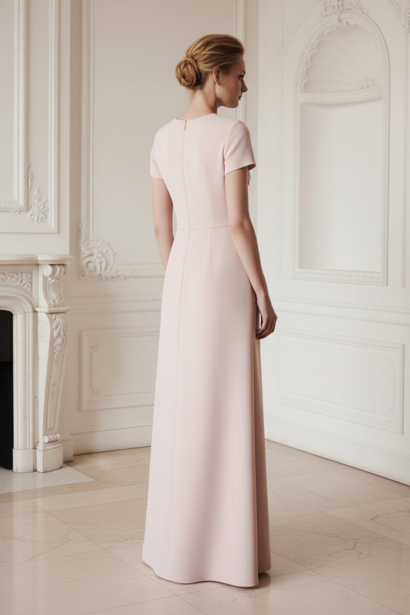 3D Floral Applique Short Sleeve Crepe Column Gown