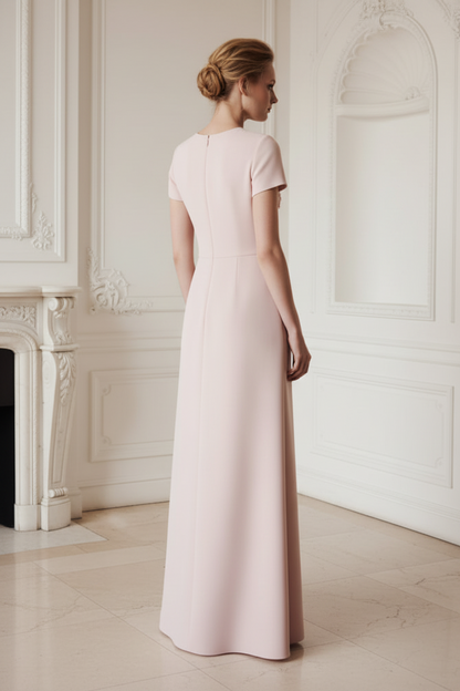 3D Floral Applique Short Sleeve Crepe Column Gown