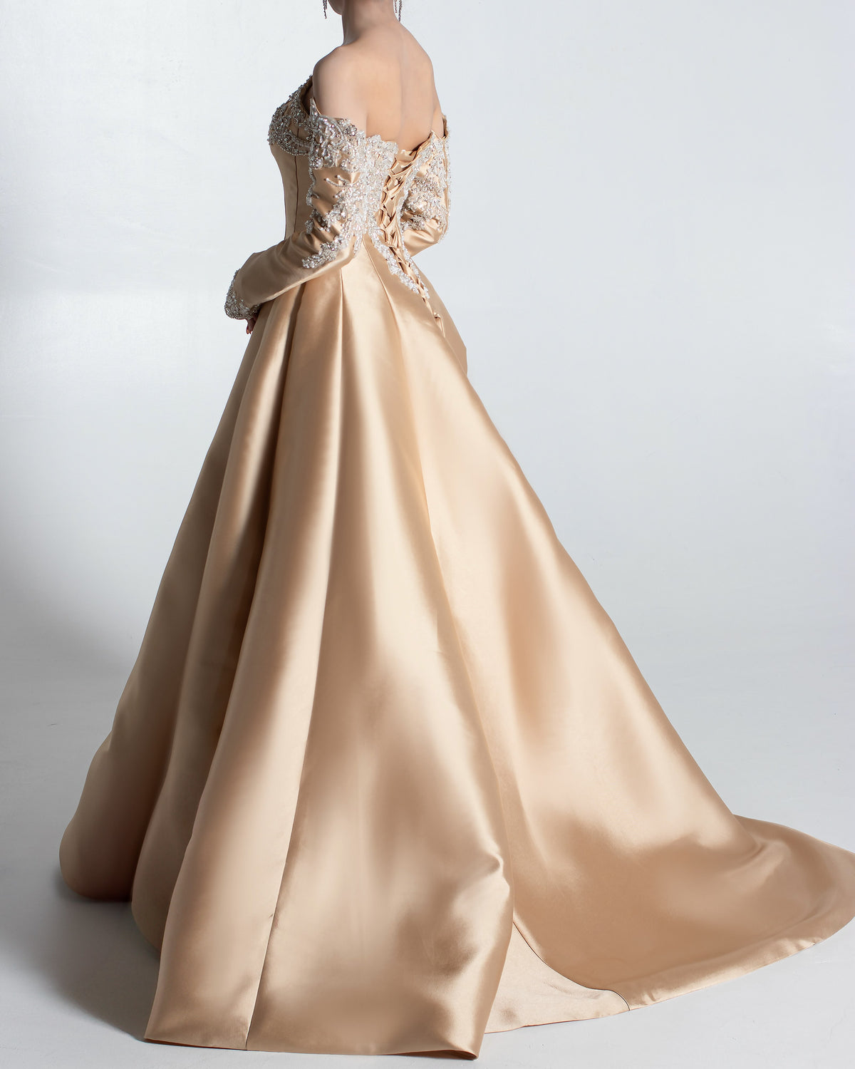 Beaded Off-Shoulder Ball Gown with Sleeves