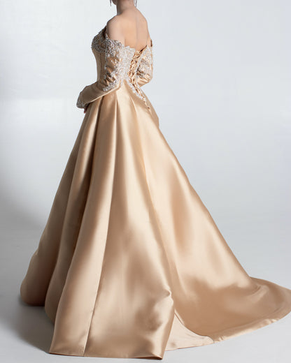 Beaded Off-Shoulder Ball Gown with Sleeves
