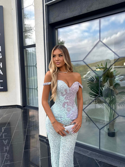 Off-the-Shoulder Sequin Evening Gown with Slit