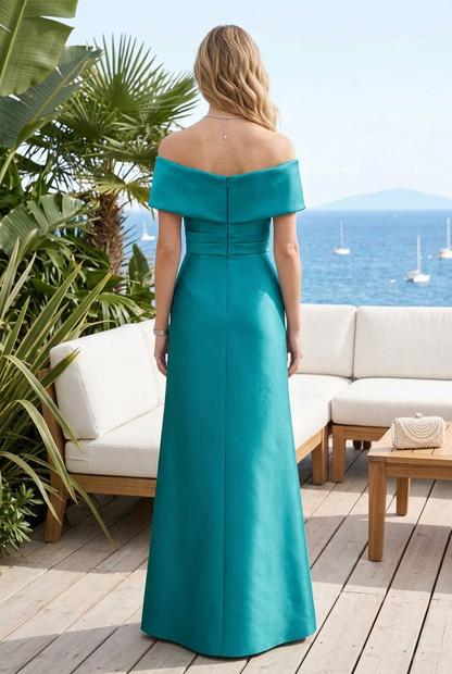 Off-the-Shoulder Pleated Bodice Satin Gown