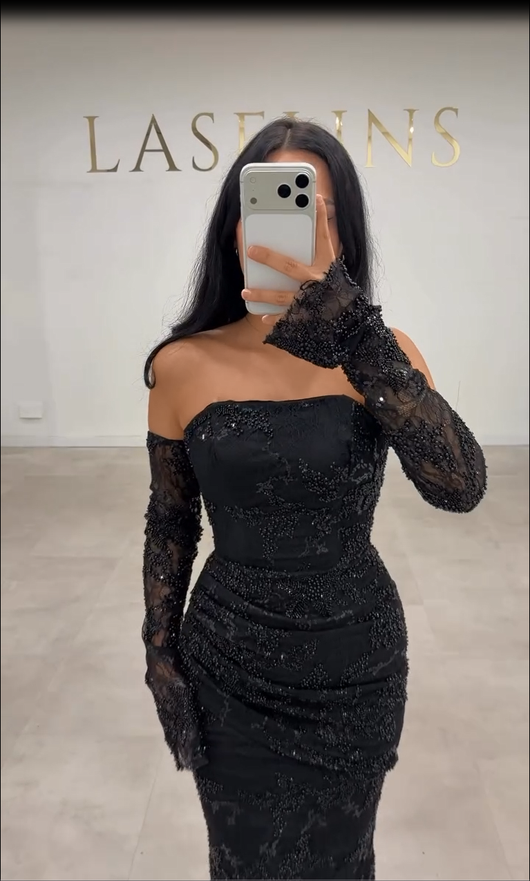 Strapless Beaded Lace Mermaid Evening Gown