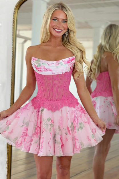 Strapless Floral Corset Mini Dress