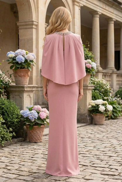 Capelet Column Evening Gown with Beaded Neck