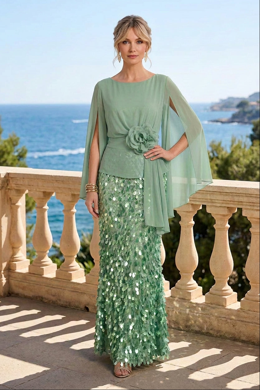Split-Sleeve Sequin Gown with 3D Flower Detail