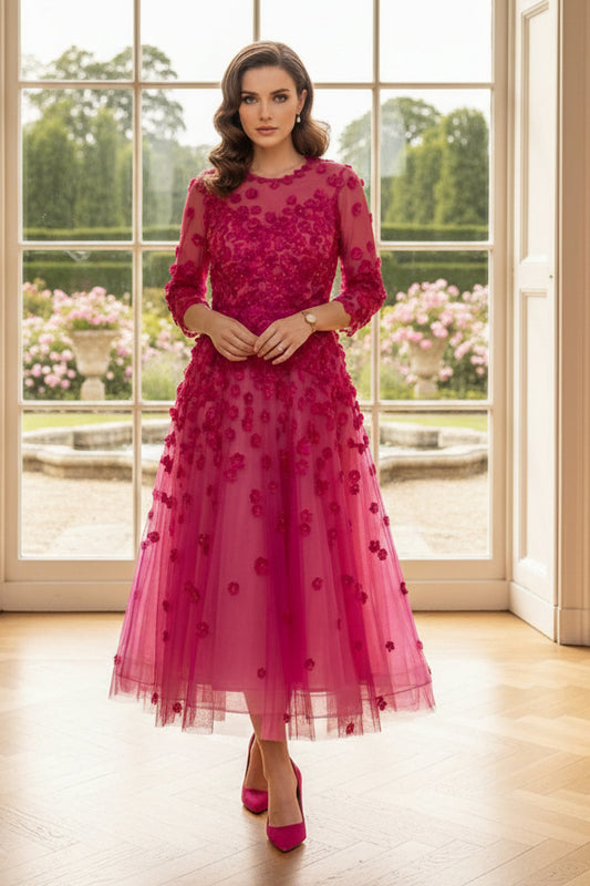 3D Floral Illusion Tea-Length A-Line Dress