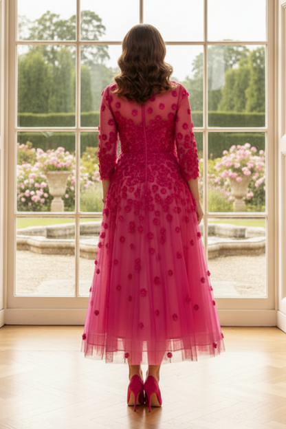 3D Floral Illusion Tea-Length A-Line Dress