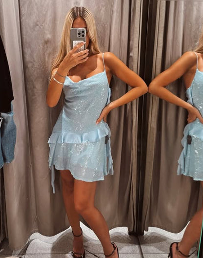 Sequined Cowl Neck Mini Dress with Ruffles
