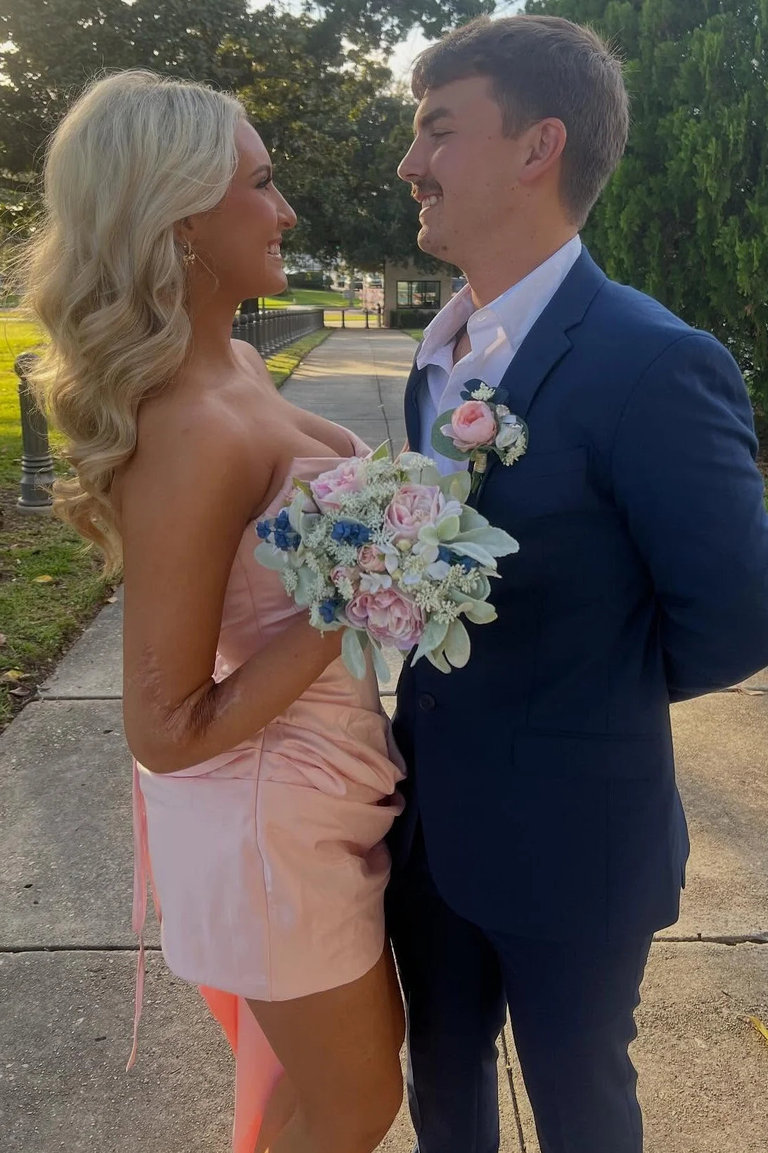 Strapless Cowl Neck Satin Mini Dress with Side Train