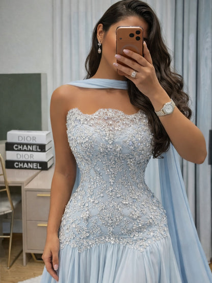 Embellished Lace Strapless A-Line Evening Gown