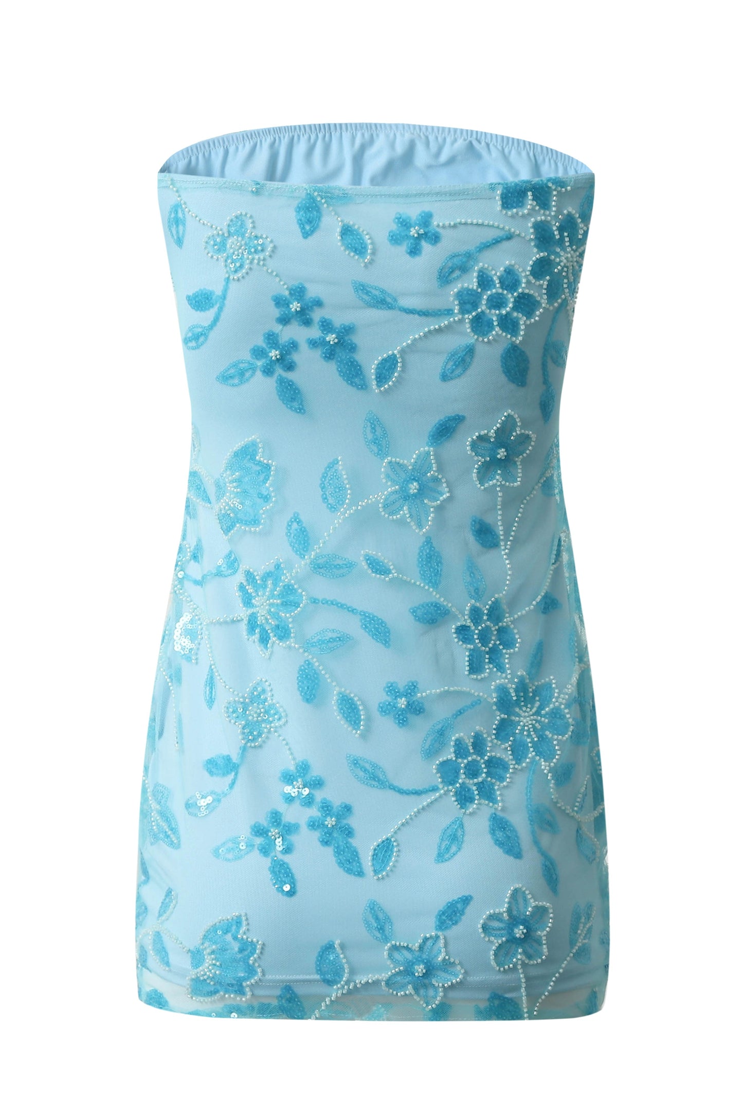 Beaded Floral Mesh Strapless Mini Dress