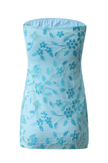 Beaded Floral Mesh Strapless Mini Dress