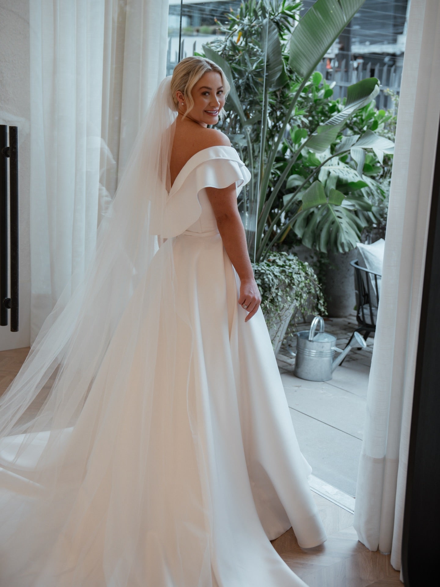 Off-Shoulder Satin A-Line Wedding Dress with 3D Flower