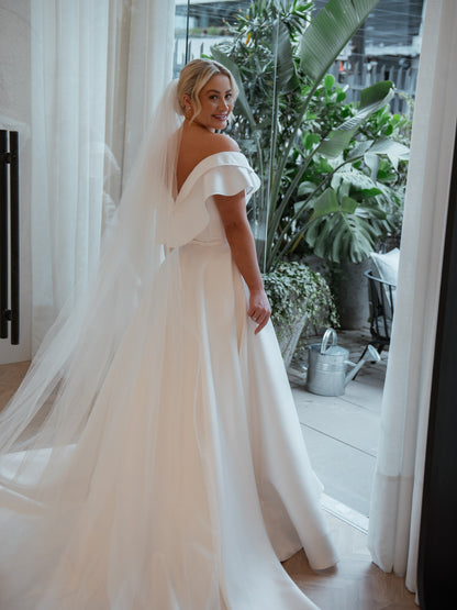 Off-Shoulder Satin A-Line Wedding Dress with 3D Flower