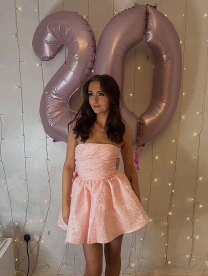 Strapless Jacquard Mini Dress with Back Bow
