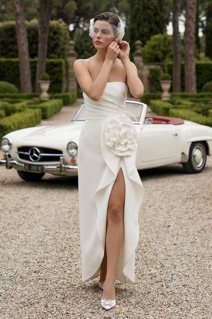 Strapless Sheath Wedding Dress with 3D Flower and Slit