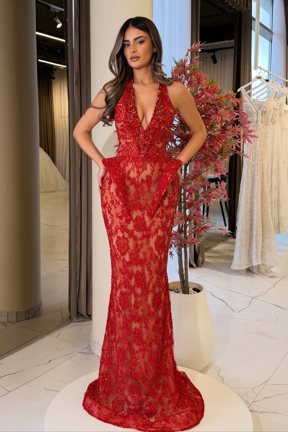 Halter Beaded Lace Gown with Sculpted Peplum