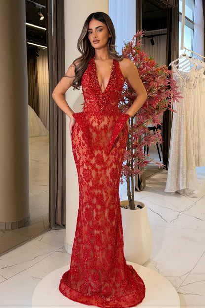 Halter Beaded Lace Gown with Sculpted Peplum