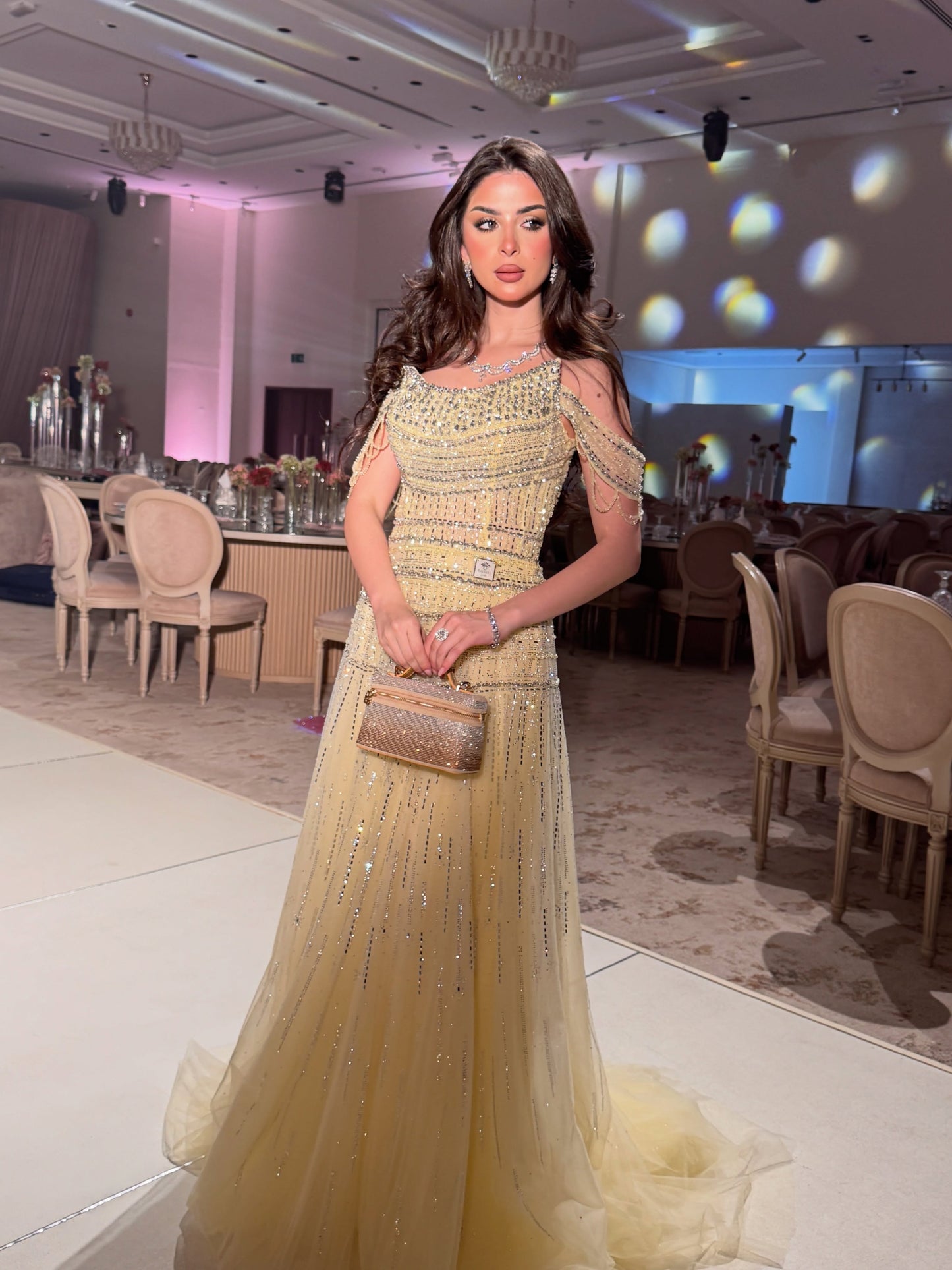 Beaded Off-the-Shoulder Tulle A-Line Evening Gown