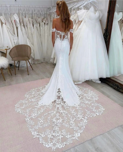 Off-the-Shoulder Mermaid Wedding Dress with Lace Train