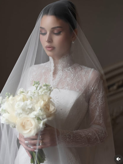 Lace High Neck Long Sleeve Wedding Dress with Corset