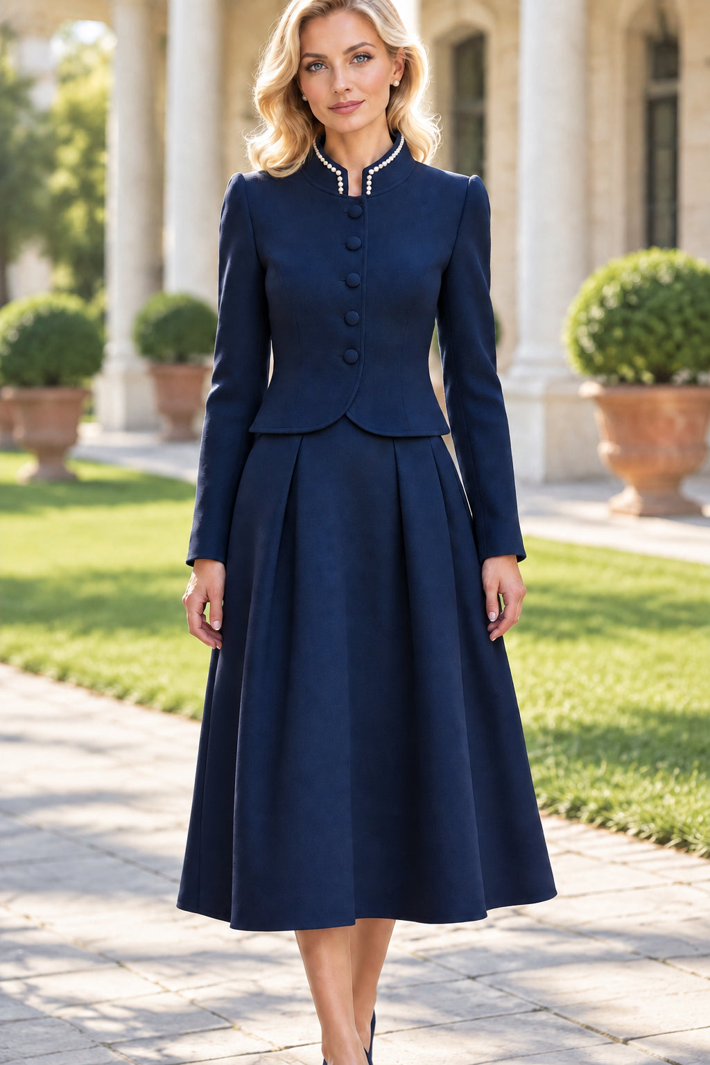 Pearl-Trimmed Stand Collar Jacket and Pleated Midi Skirt Set