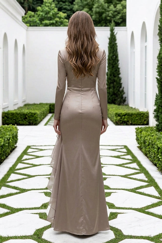 Long Sleeve Side-Draped Satin Evening Gown