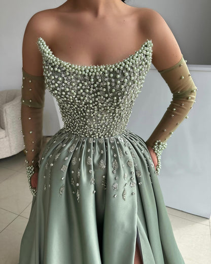 Pearl Beaded Corset Satin Evening Gown with Slit