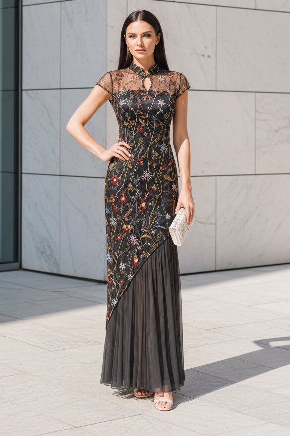 Asymmetrical Embroidered High Neck Evening Gown
