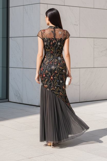 Asymmetrical Embroidered High Neck Evening Gown