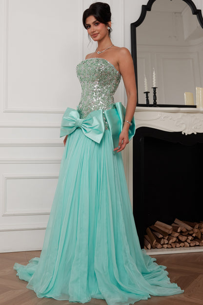 Strapless Beaded Bodice Gown with Statement Bow