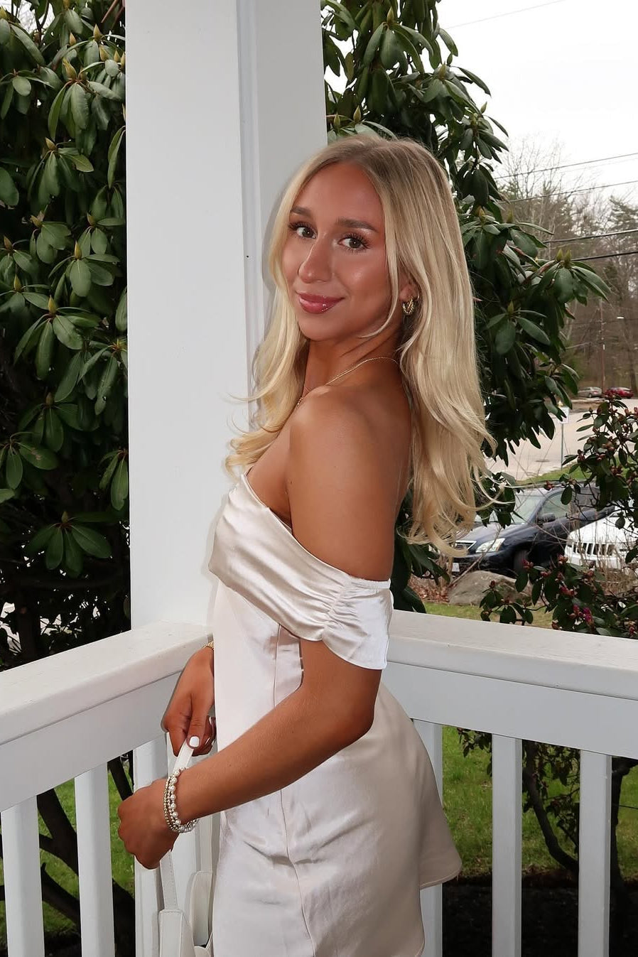 Off-the-Shoulder Ruched Satin Mini Dress