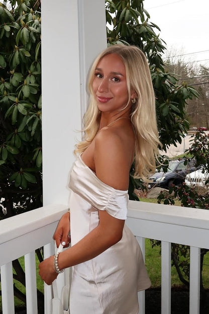 Off-the-Shoulder Ruched Satin Mini Dress