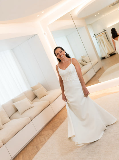 Minimalist Crepe Wedding Dress with Sheer Chiffon Cape