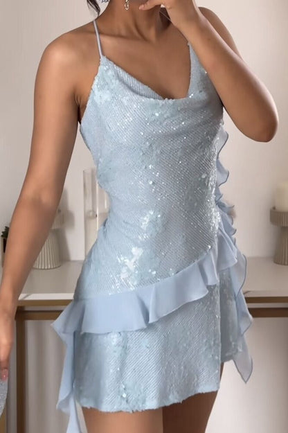 Sequin Cowl Neck Asymmetrical Ruffle Mini Dress