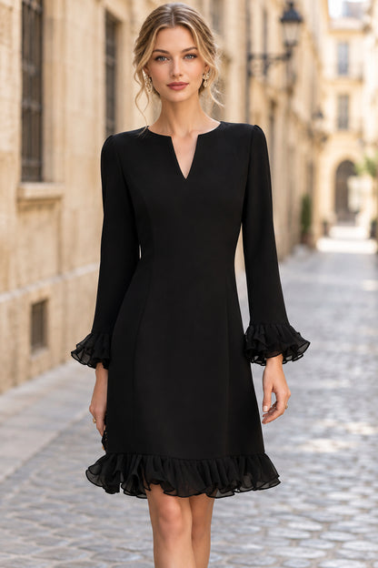 Long Sleeve Ruffle Trim Notch Neck Sheath Dress