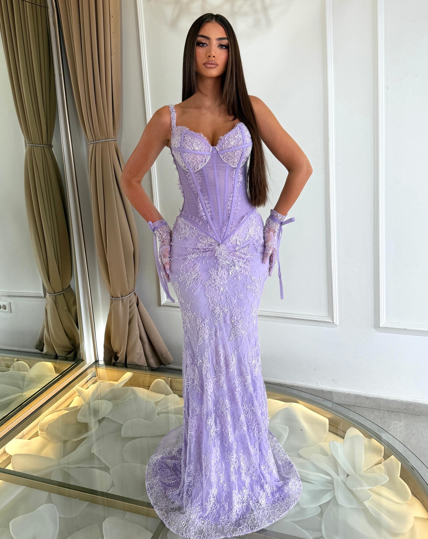 Beaded Lace Corset Mermaid Evening Dress