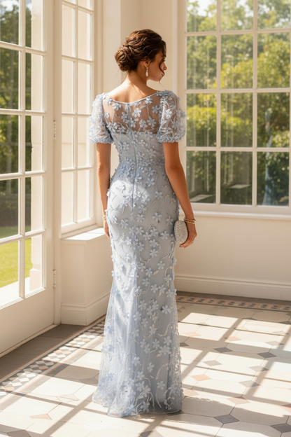 3D Floral Applique Illusion Mermaid Evening Gown