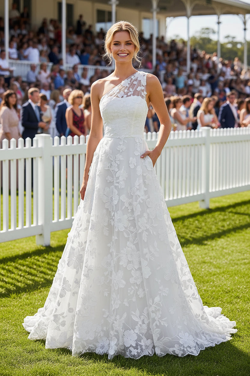 One-Shoulder Floral 3D Applique Gown with Pockets